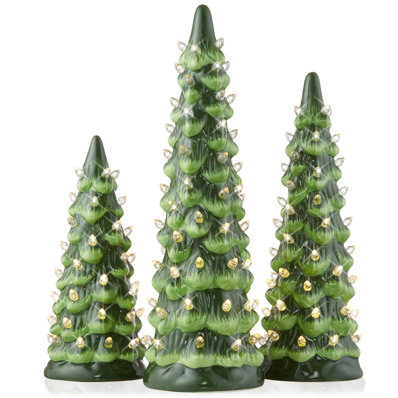 Casafield Set of 3 Hand Painted Ceramic Christmas Tree - Pre-Lit 8, 10, 12-Inch Trees with Lights